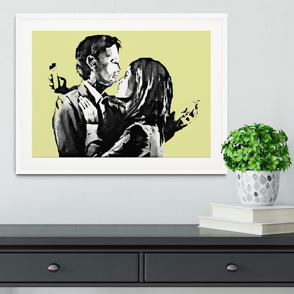 Banksy Mobile Lovers Yellow Framed Print