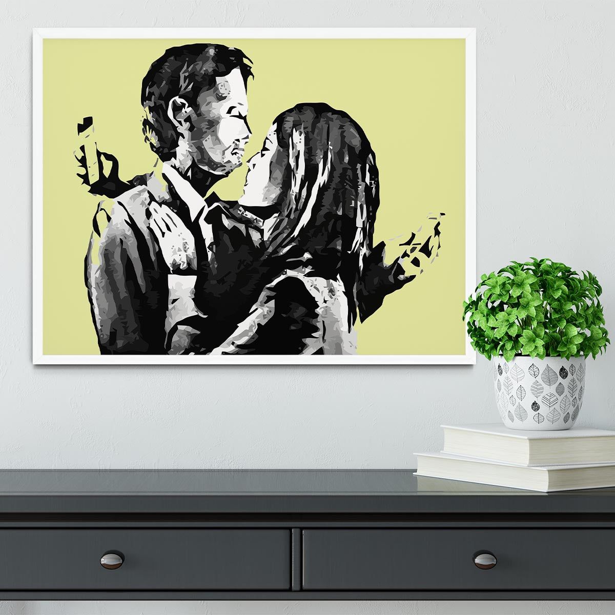 Banksy Mobile Lovers Yellow Framed Print
