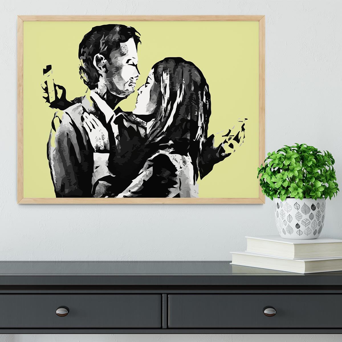 Banksy Mobile Lovers Yellow Framed Print