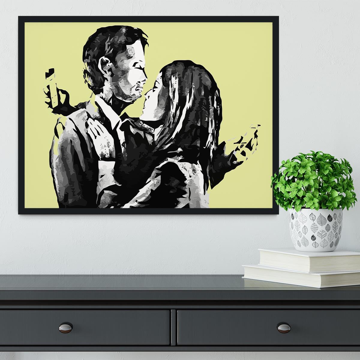 Banksy Mobile Lovers Yellow Framed Print