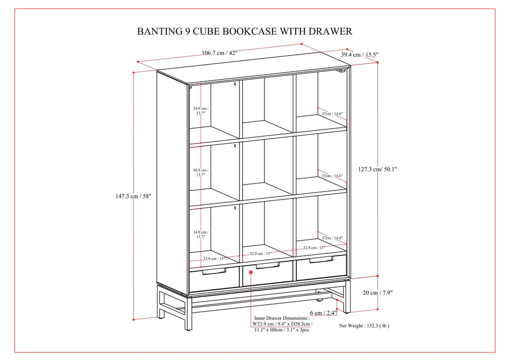 Banting Nine-Cube Bookcase with Three Lower Drawers