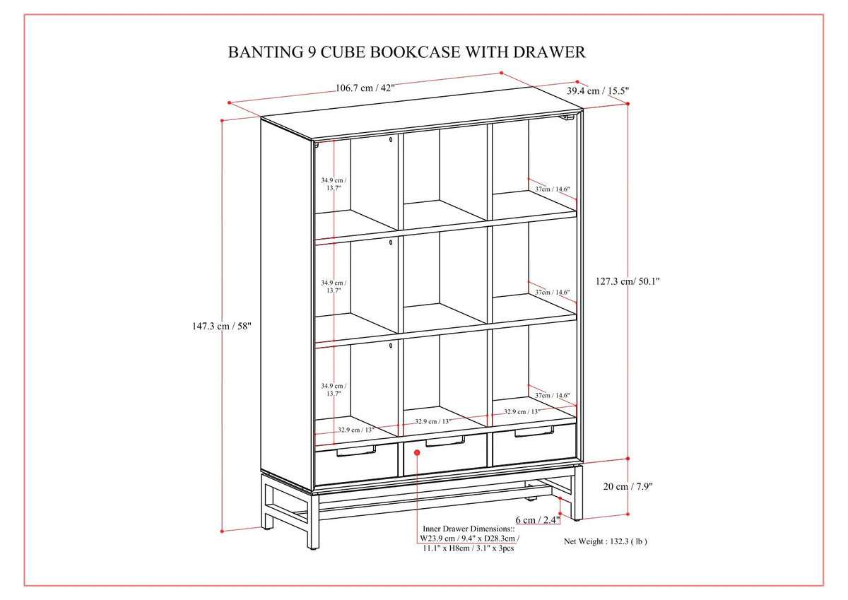 Banting Nine-Cube Bookcase with Three Lower Drawers