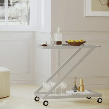 Modern Bar Cart with Tempered Glass Shelves and Lockable Wheels
