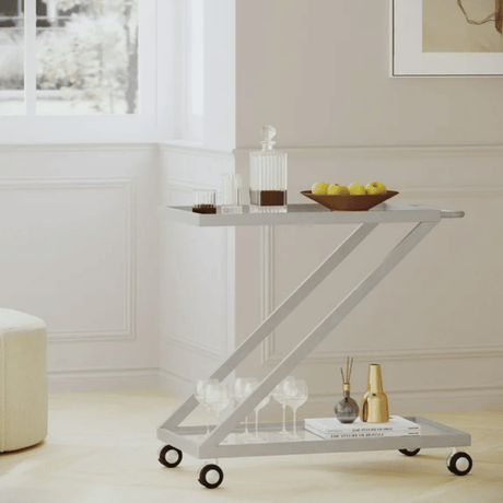Modern Bar Cart with Tempered Glass Shelves and Lockable Wheels