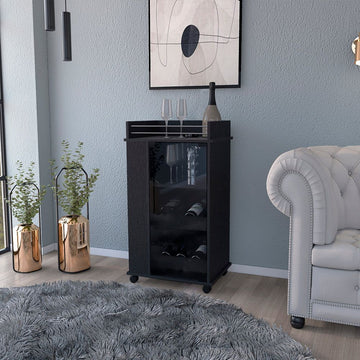 Bar Cart with Glass Door and Two-Side Shelves, Black Wengue Finish