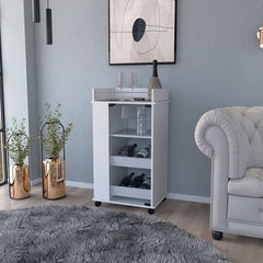White Bar Cart with Glass Door and Two-Side Shelves