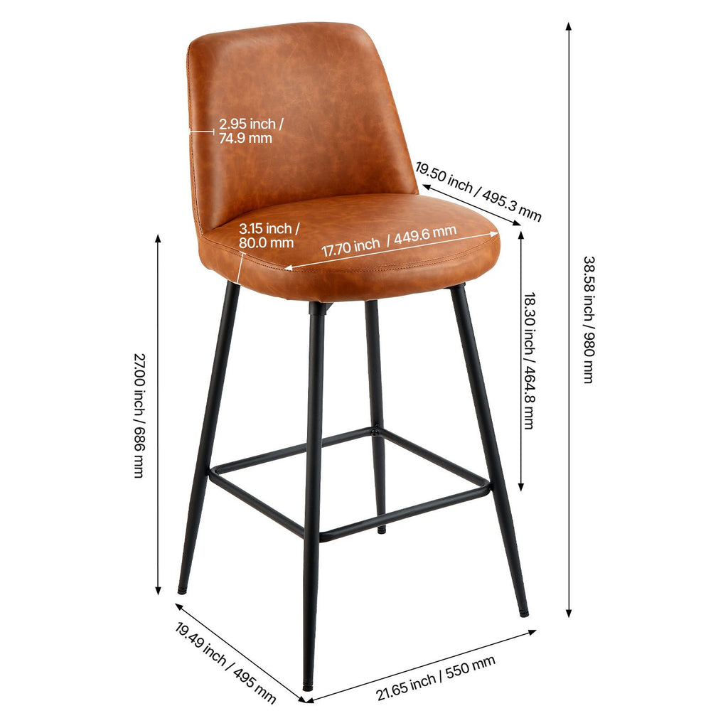 Set of 2 Modern Counter Height Swivel Bar Stools with Backrest