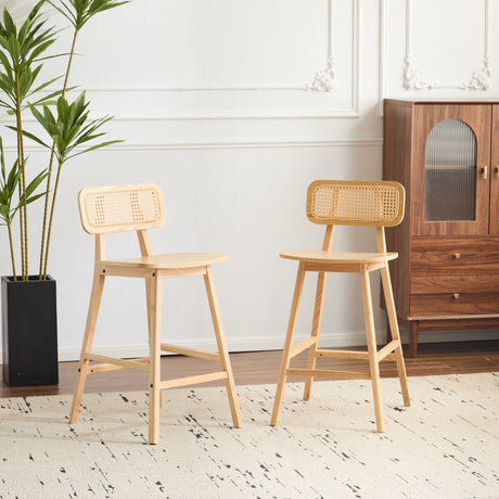 Bari Indoor Wood Barstool Set of 2 - Natural with Rattan Backrest