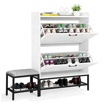 Barn-Door Entryway Shoe Cabinet with Padded Bench