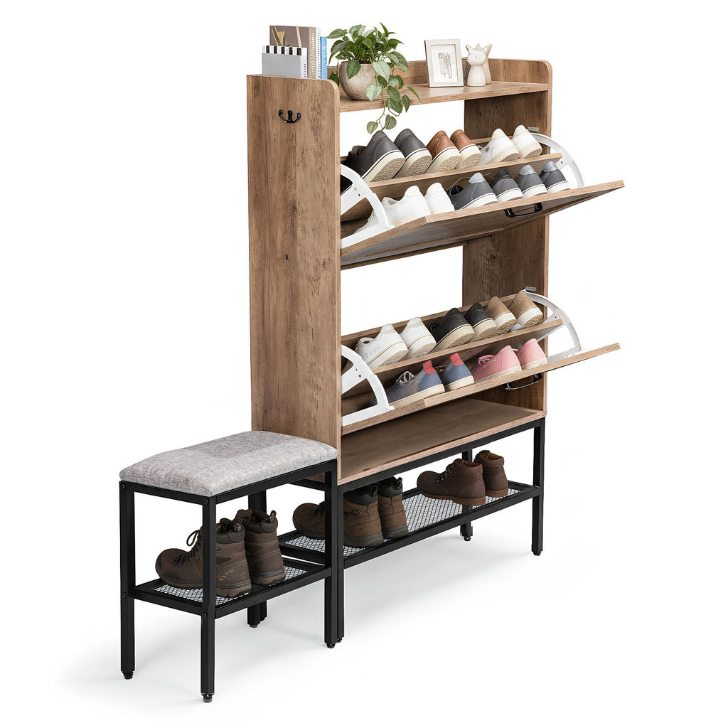 Barn Door Shoe Cabinet with Flip-Down Racks and Bench – Vintage Grey