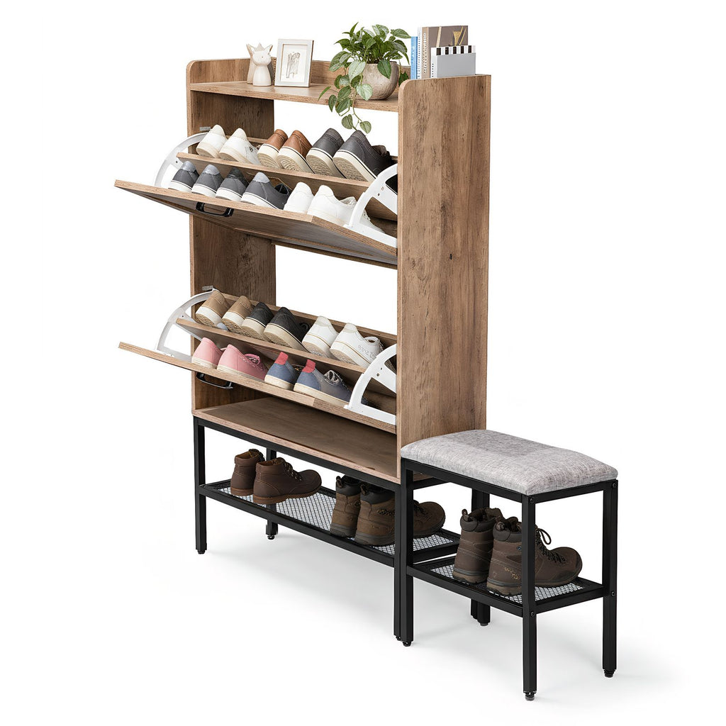 Barn Door Shoe Cabinet with Flip-Down Racks and Bench – Vintage Grey