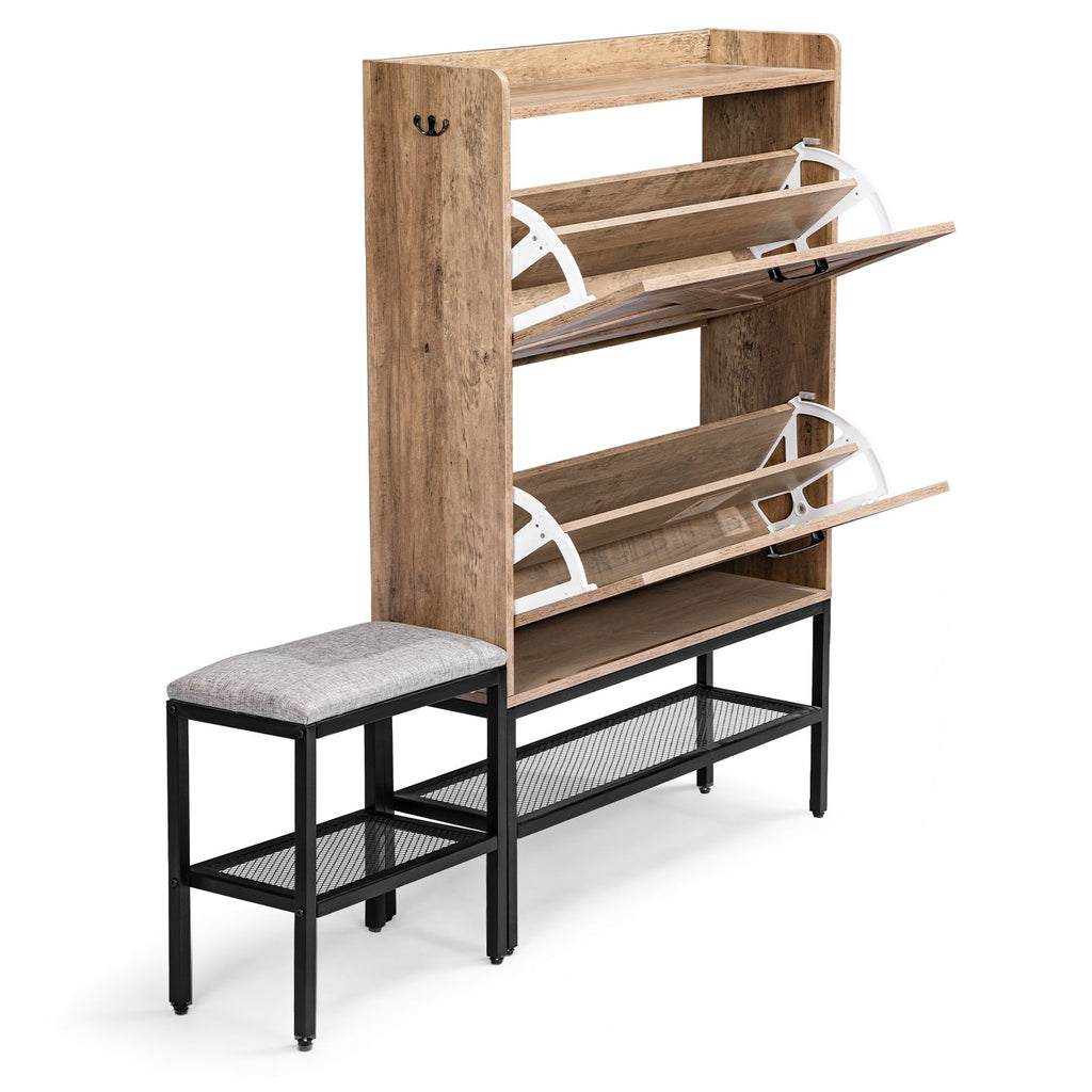 Barn Door Shoe Cabinet with Flip-Down Racks and Bench – Vintage Grey