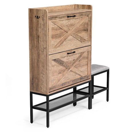 Barn Door Shoe Cabinet with Flip-Down Racks and Bench – Vintage Grey
