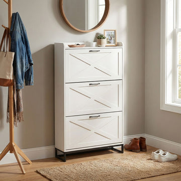 Farmhouse Barn-Door Shoe Cabinet with Display Shelf