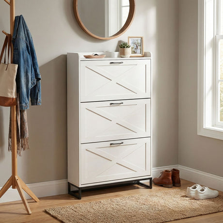Farmhouse Barn-Door Shoe Cabinet with Display Shelf