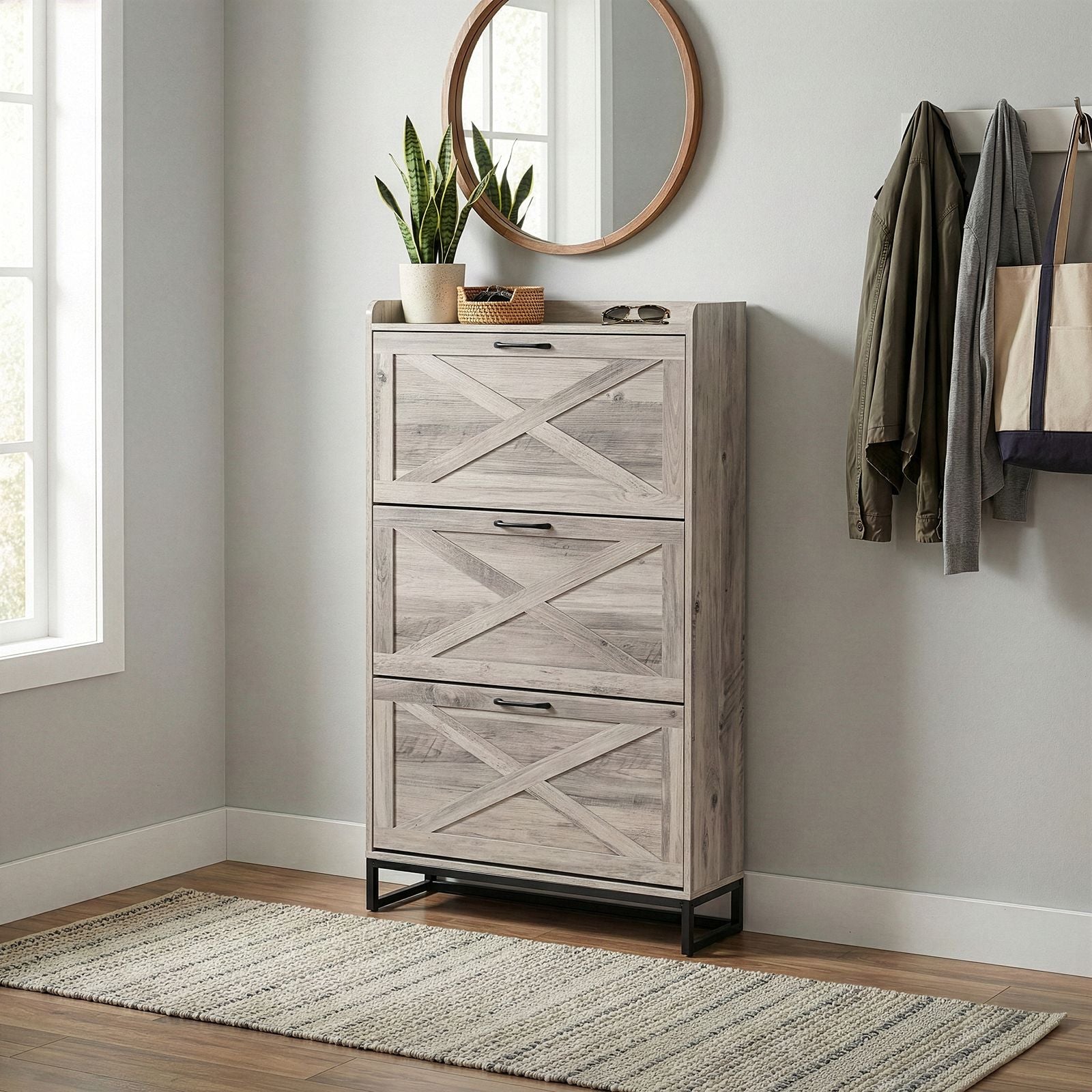 Barn Door Flip-Top Shoe Cabinet with Open Shelf