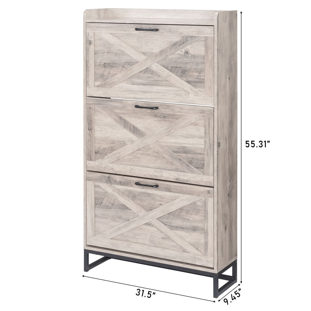 Barn Door Flip-Top Shoe Cabinet with Open Shelf