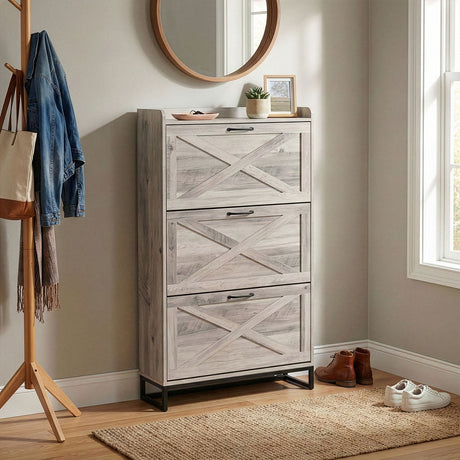 Barn Door Flip-Top Shoe Cabinet with Open Shelf