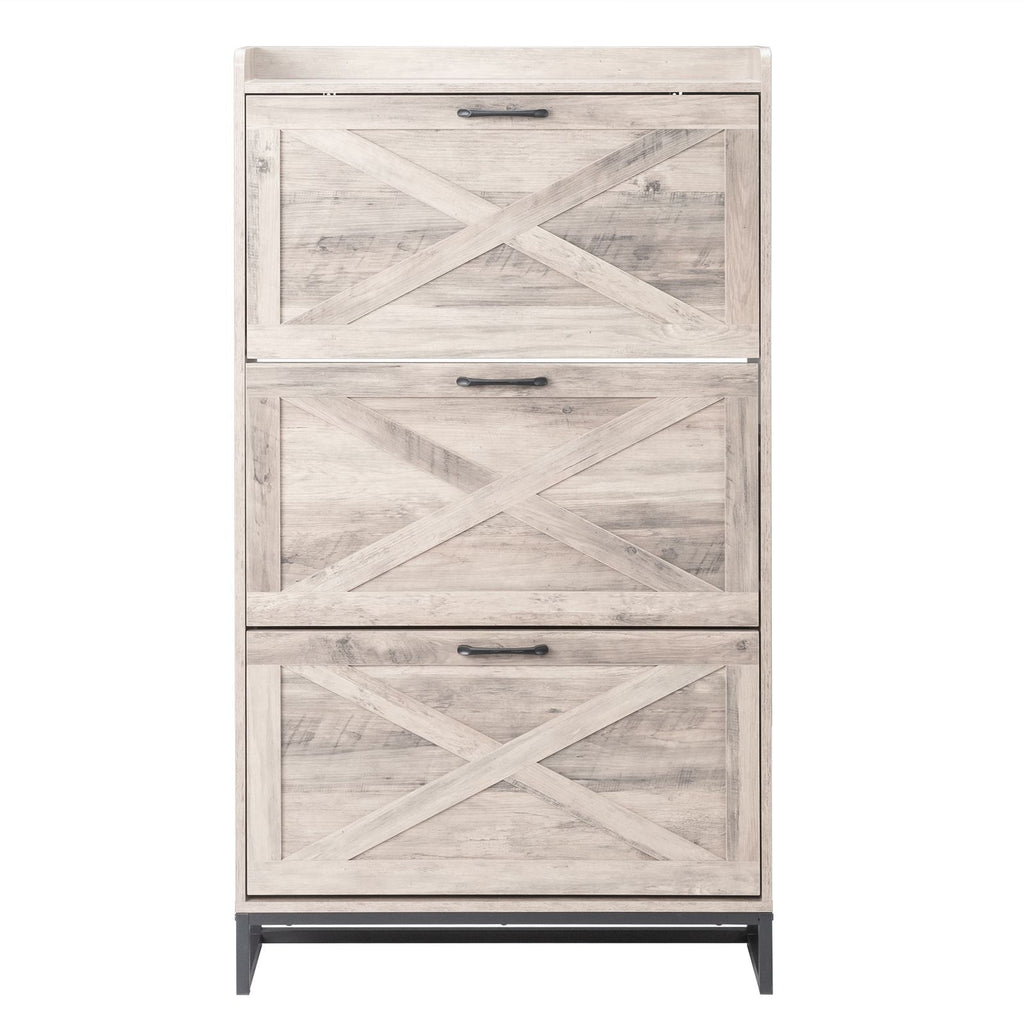Barn Door Flip-Top Shoe Cabinet with Open Shelf