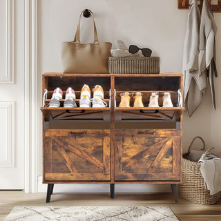 Barn Door Flip-Top Shoe Cabinet with Weathered Wood Finish