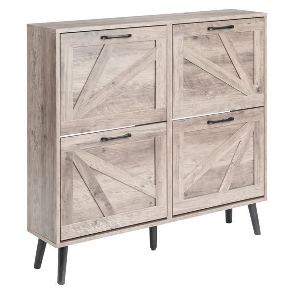 Washed Gray Barn Door Shoe Cabinet with Four Compartments