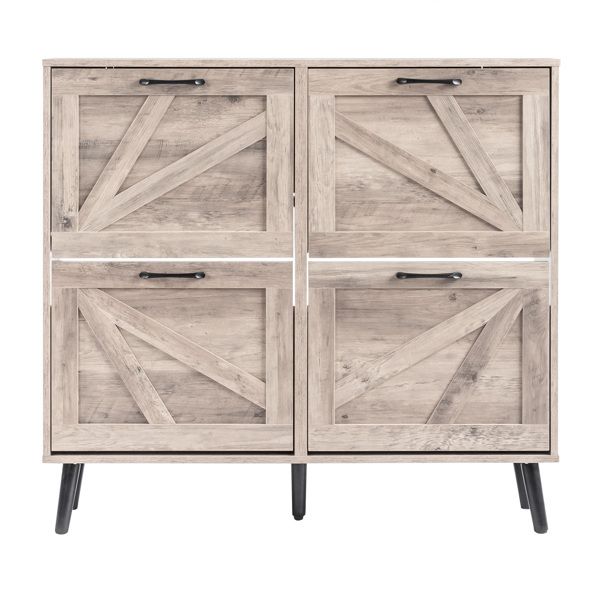 Washed Gray Barn Door Shoe Cabinet with Four Compartments