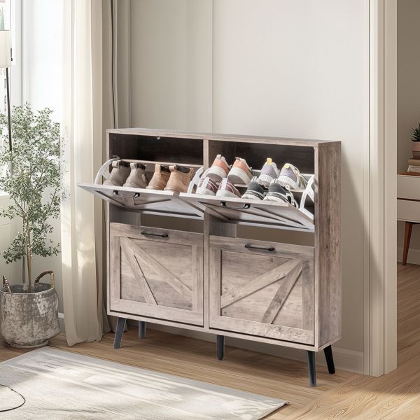 Washed Gray Barn Door Shoe Cabinet with Four Compartments