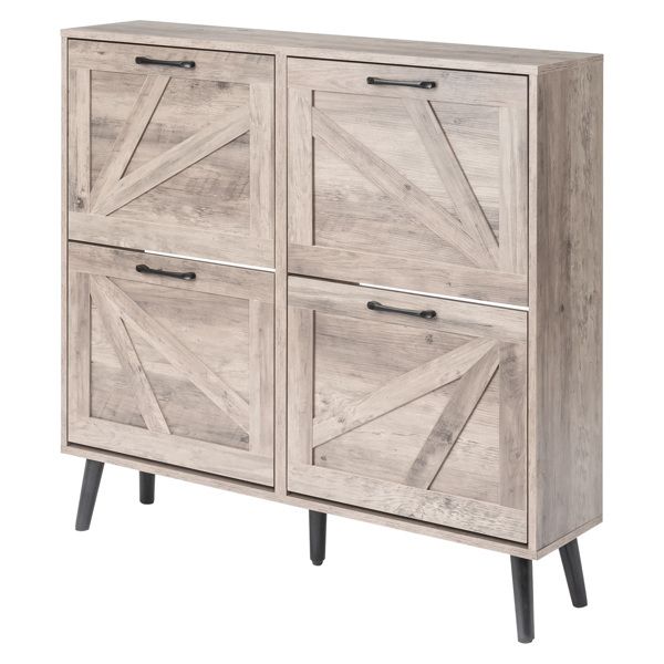 Washed Gray Barn Door Shoe Cabinet with Four Compartments