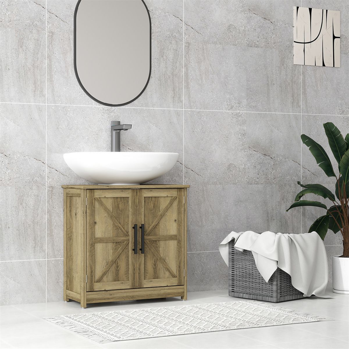 Farmhouse Bathroom Cabinet with Adjustable Shelf and U-Shaped Slot