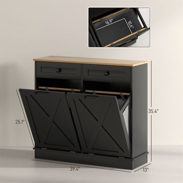 Tilt-Out Hamper Cabinet with Drawers - Black