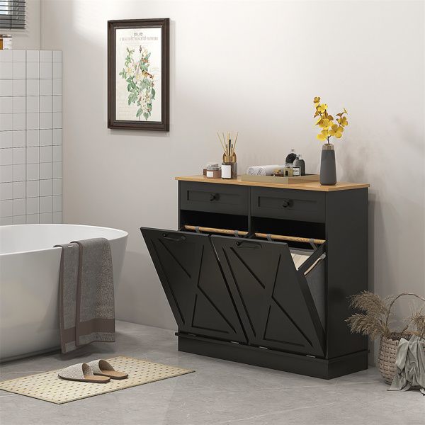 Tilt-Out Hamper Cabinet with Drawers - Black