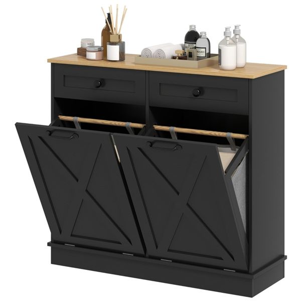 Tilt-Out Hamper Cabinet with Drawers - Black