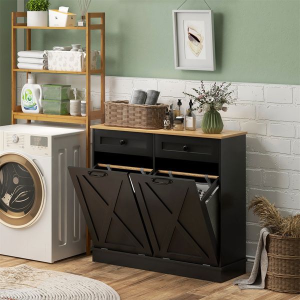 Tilt-Out Hamper Cabinet with Drawers - Black