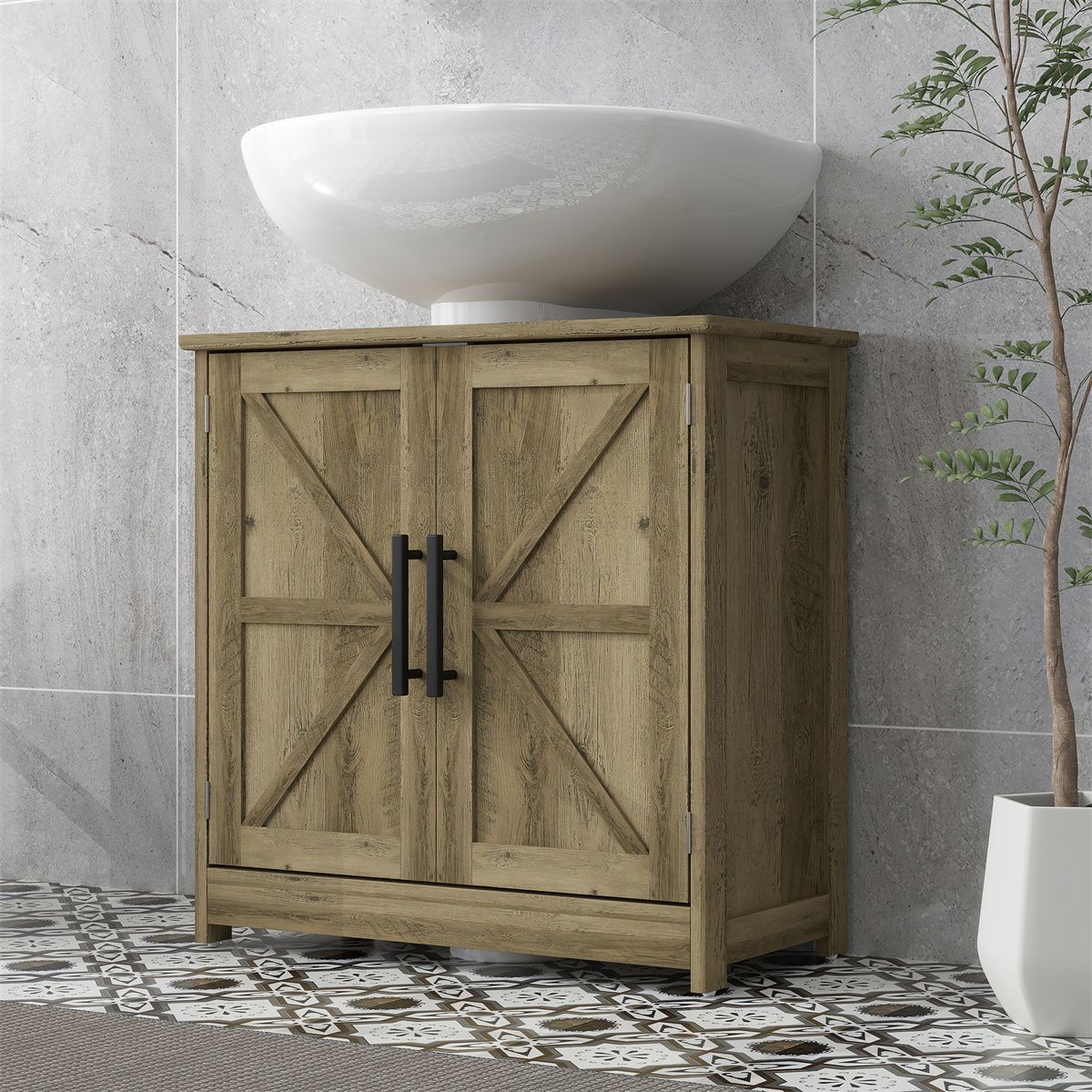 Farmhouse Bathroom Cabinet with Adjustable Shelf and U-Shaped Slot