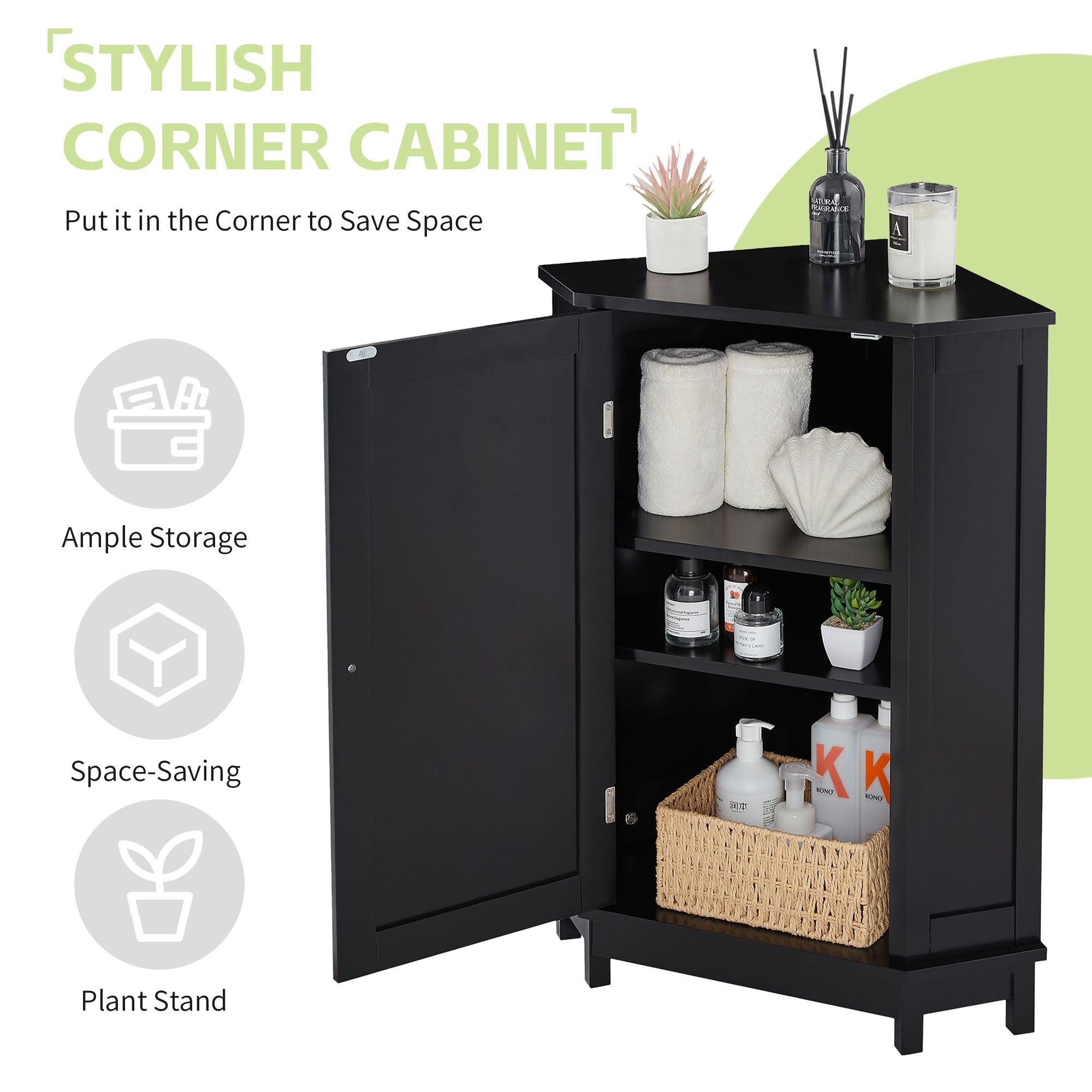 Triangle Corner Storage Cabinet with Adjustable Shelves for Bathroom and More