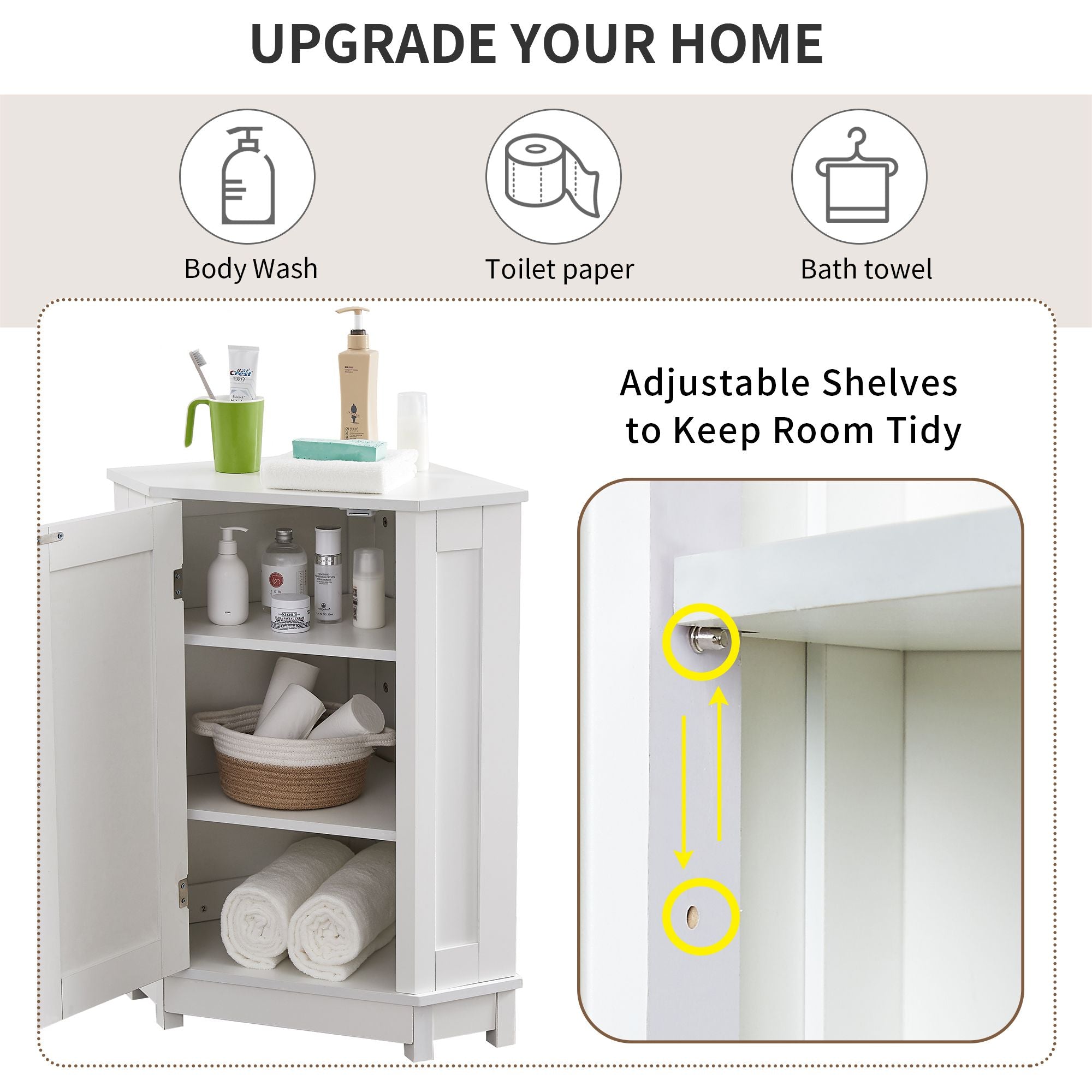 Triangle Corner Storage Cabinet with Adjustable Shelves for Bathroom and More
