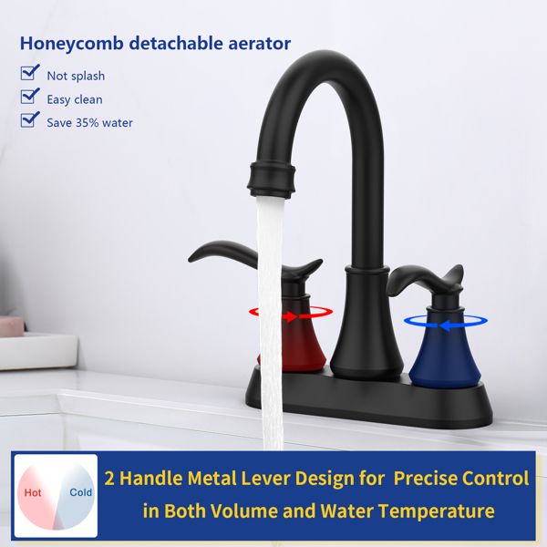 Bathroom Faucet Matt Black with Pop-up Drain & Supply Hoses 2-Handle 360 Degree c Swivel Spout Cente