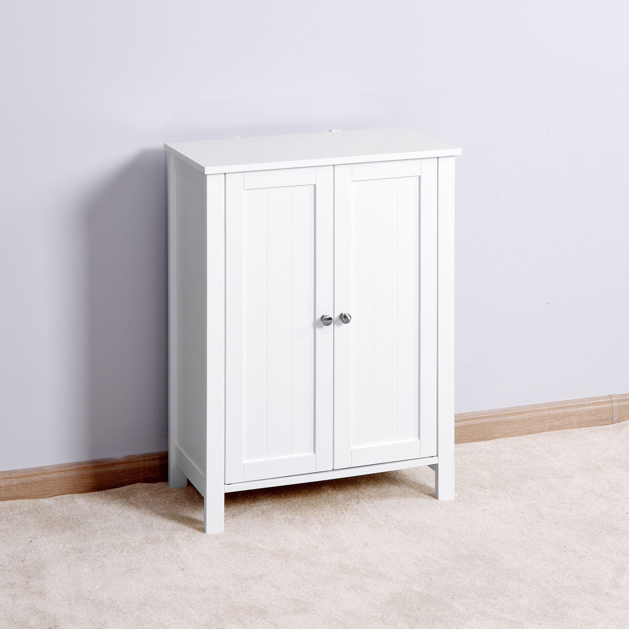 White Bathroom Floor Storage Cabinet with Double Door & Adjustable Shelf