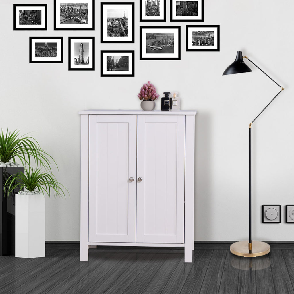 White Bathroom Floor Storage Cabinet with Double Door & Adjustable Shelf