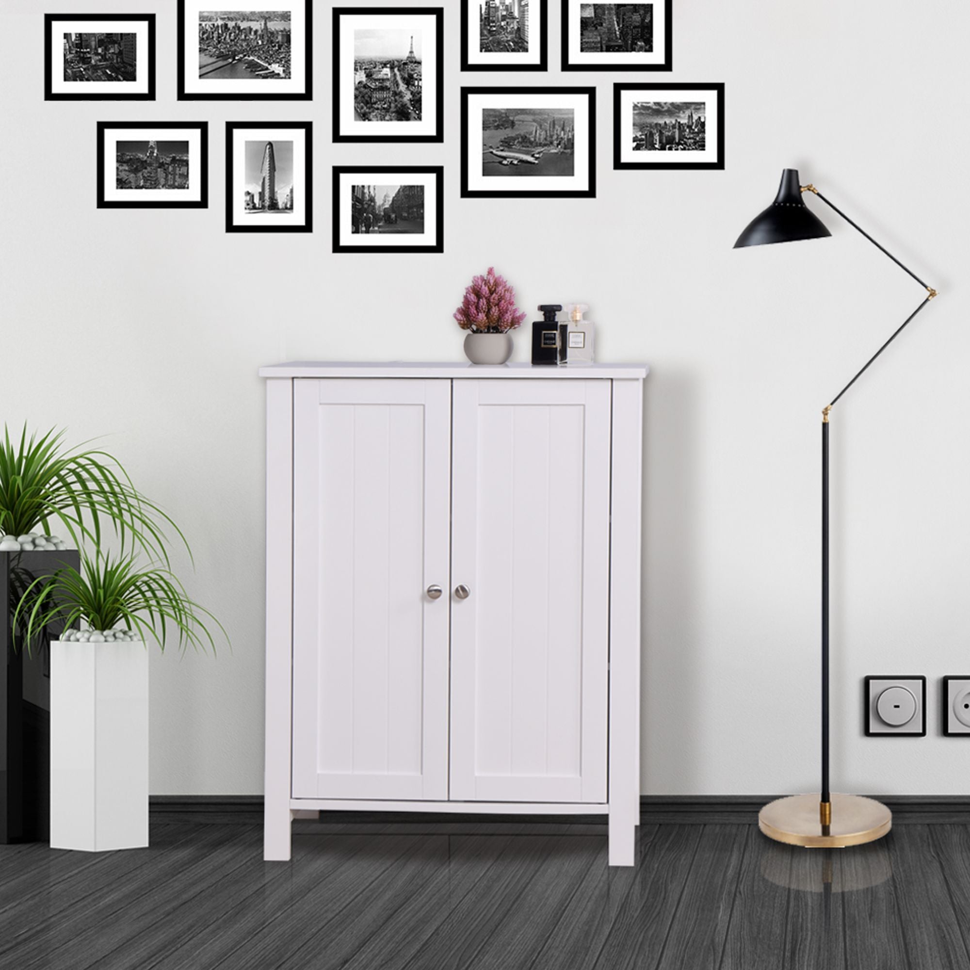 White Bathroom Floor Storage Cabinet with Double Door & Adjustable Shelf
