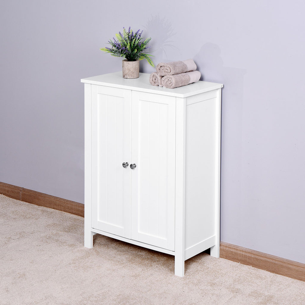 White Bathroom Floor Storage Cabinet with Double Door & Adjustable Shelf