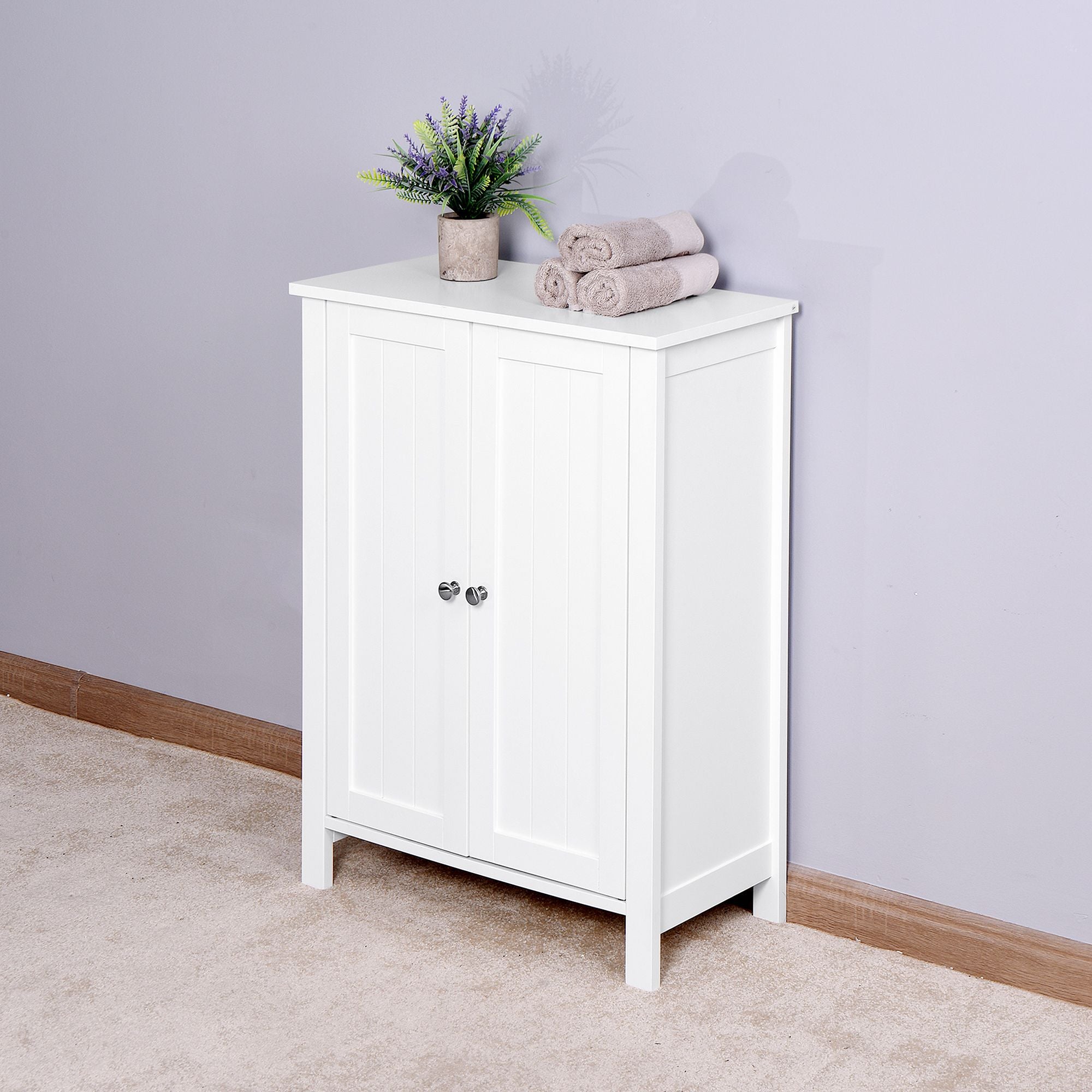 White Bathroom Floor Storage Cabinet with Double Door & Adjustable Shelf