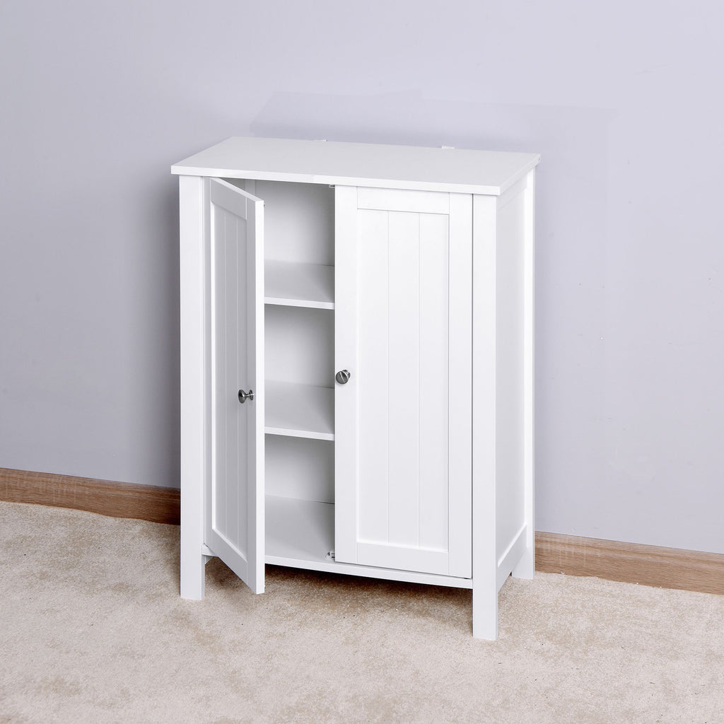 White Bathroom Floor Storage Cabinet with Double Door & Adjustable Shelf