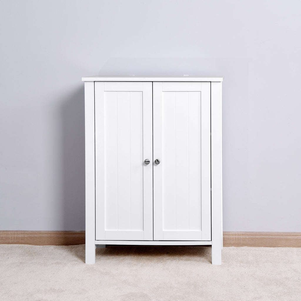 White Bathroom Floor Storage Cabinet with Double Door & Adjustable Shelf