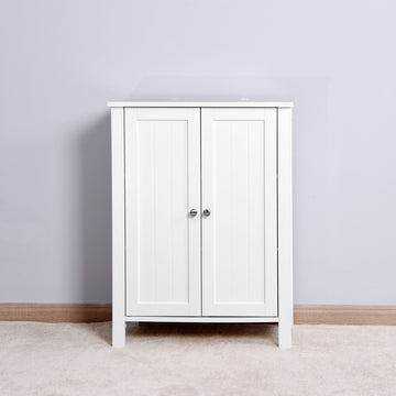 White Bathroom Floor Storage Cabinet with Double Door & Adjustable Shelf
