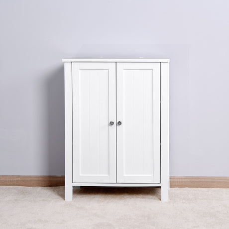 White Bathroom Floor Storage Cabinet with Double Door & Adjustable Shelf