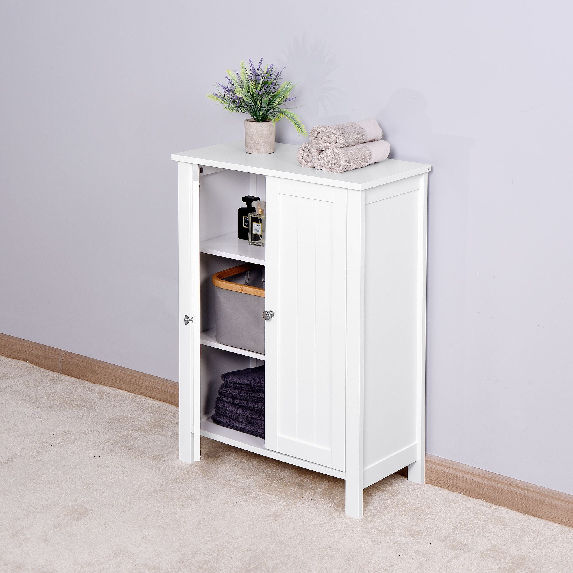 White Bathroom Floor Storage Cabinet with Double Door & Adjustable Shelf