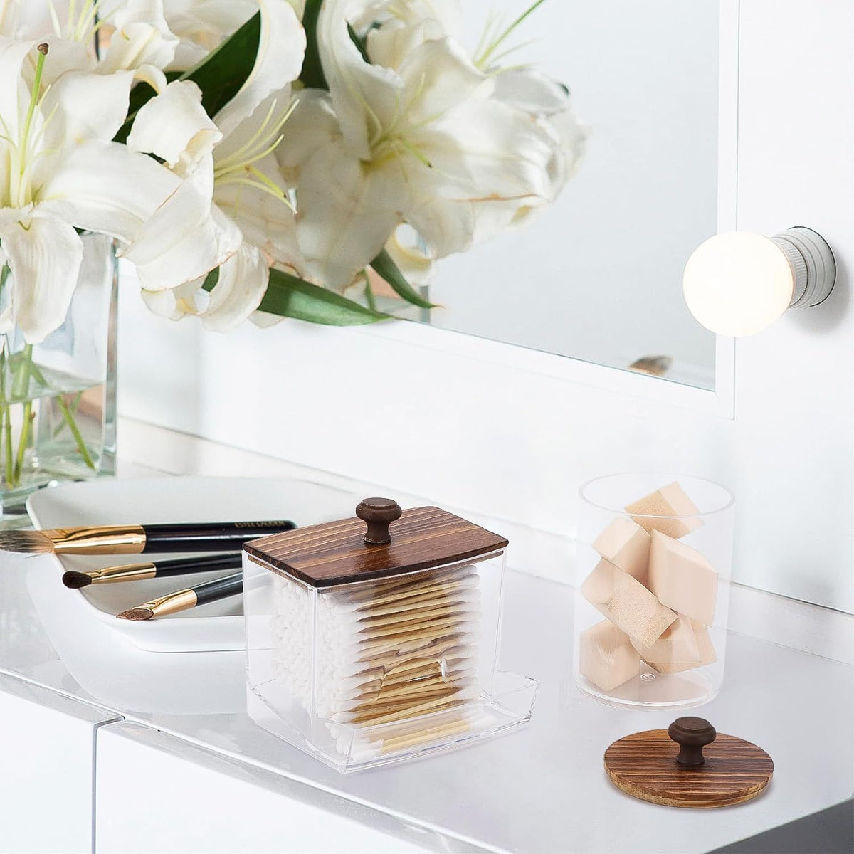 Three-Piece Bathroom Vanity Organizer Set with Lidded Jars and Dispenser