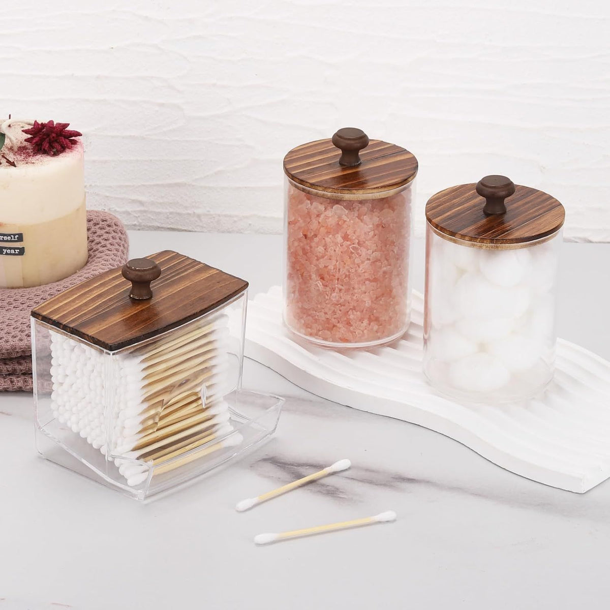 Three-Piece Bathroom Vanity Organizer Set with Lidded Jars and Dispenser