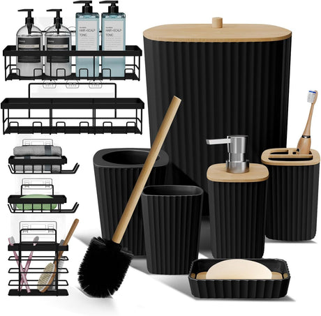 6-Piece Black Bathroom Accessories Set with Shower Caddy and Organizers